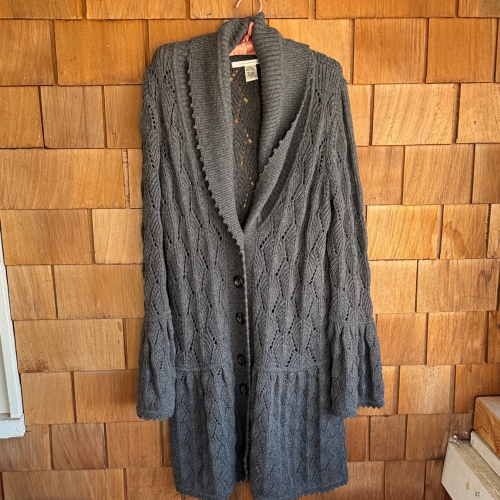 Diane Von Furstenberg Charcoal Gray Openwork Shawl-Collar Cardigan